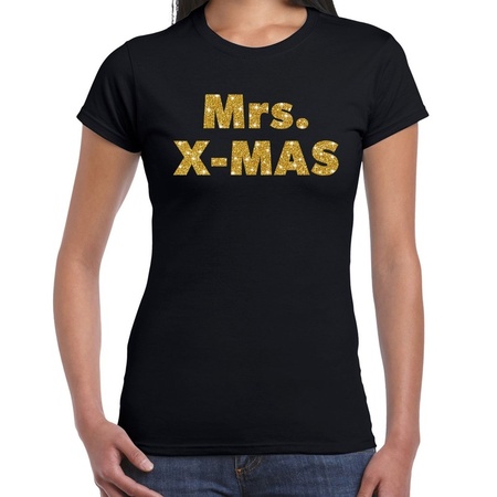 Foute kerstborrel t-shirt / kerstshirt mrs x-mas glitter goud op zwart dames