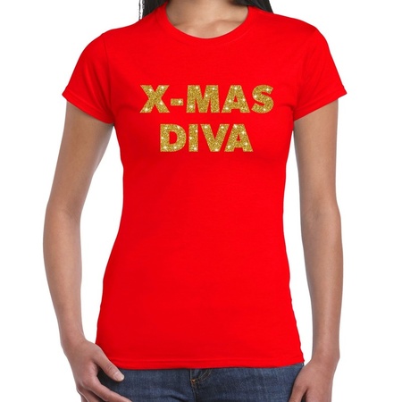 Foute kerstborrel t-shirt / kerstshirt x-mas diva glitter goud op rood dames