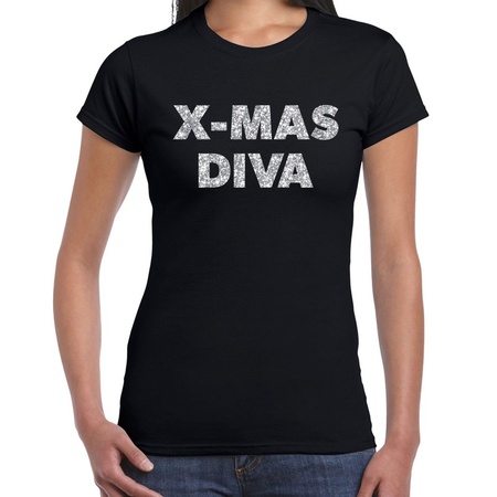 Foute kerstborrel t-shirt / kerstshirt x-mas diva glitter zilver op zwart dames
