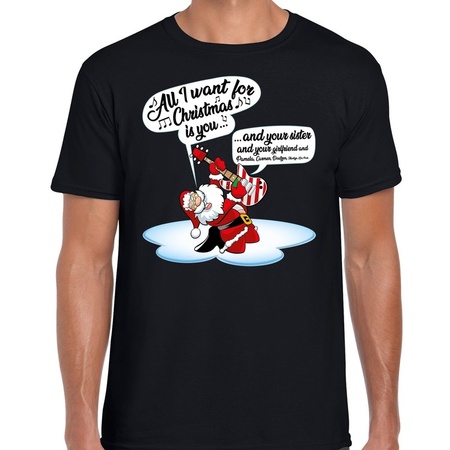 Fout kerstborrel shirt  / Fout Kerst  t-shirt met zingende kerstman en gitaar zwart voor heren