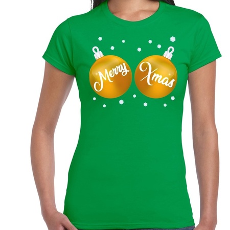 Groen kerstshirt  / kerstkleding met gouden merry xmas ballen voor dames