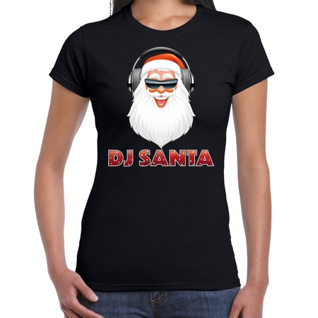 Zwart kerstshirt / kerstkleding DJ Santa met koptelefoon voor dames