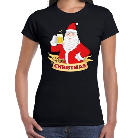 Zwart kerstshirt / kerstkleding santa met pul bier voor dames