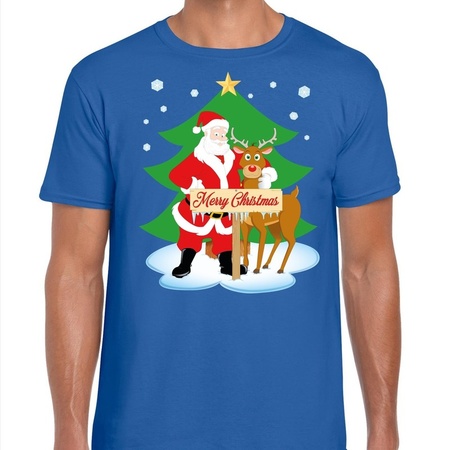 Fout Kerstmis shirt blauw met de kerstman en Rudolf voor heren