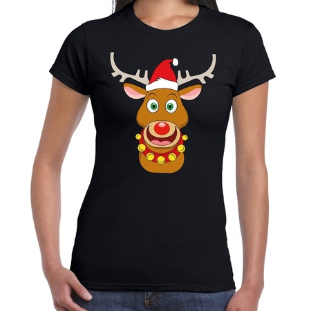 Fout Kerstmis shirt zwart met rendier Rudolf rode muts