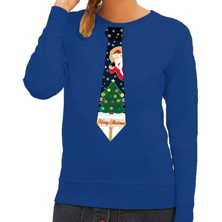 Foute kerst sweater met kerstmis stropdas blauw voor dames