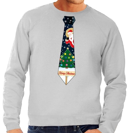 Foute kerst sweater met kerstmis stropdas grijs voor heren