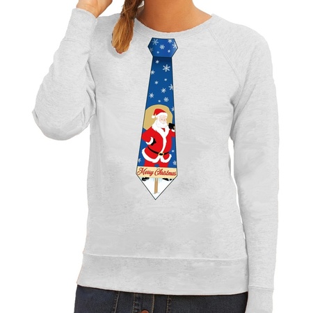 Foute kerst sweater met kerstman stropdas grijs voor dames
