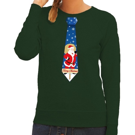 Foute kerst sweater met kerstman stropdas groen voor dames
