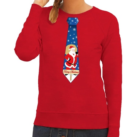 Foute kerst sweater met kerstman stropdas rood voor dames