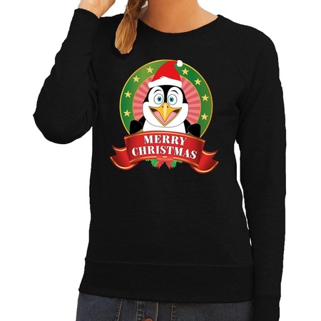 Foute kersttrui zwart met pinguin voor dames