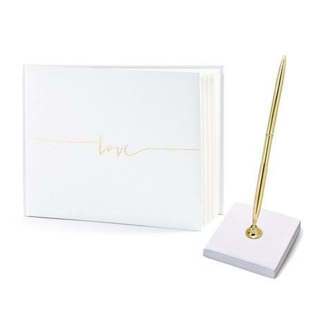 Guestbook/reception book with deluxe gold pen in stand - Wedding - white/gold- 24 x 18,5 cm