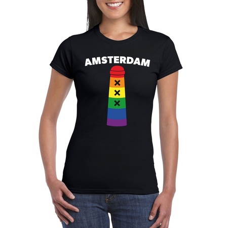 Gay Pride Amsterdam shirt zwart met regenboog Amsterdammertje dames