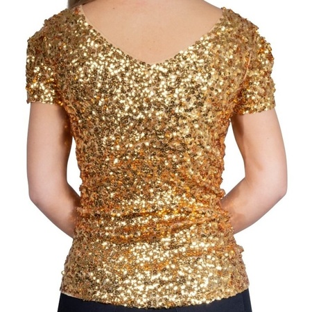 verkopen In beweging Oeps Glitter pailletten stretch shirt goud dames | Fun en Feest