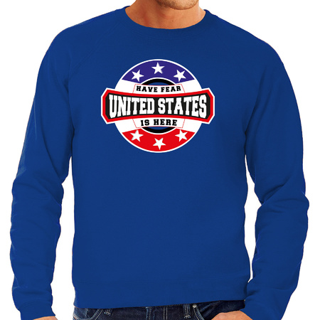 Have fear United States / Amerika is here supporter trui / kleding met sterren embleem blauw voor heren