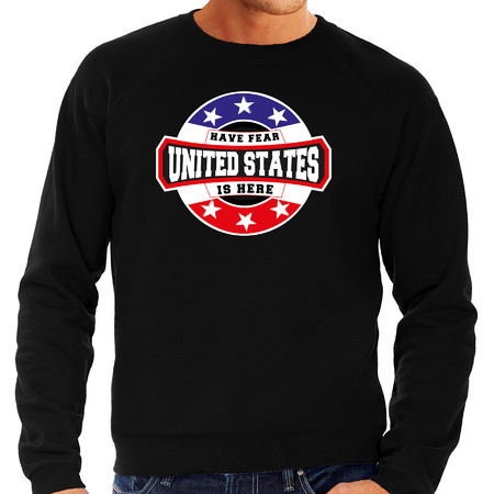 Have fear United States / Amerika is here supporter trui / kleding met sterren embleem zwart voor heren