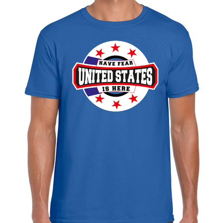 Have fear United States / Amerika is here supporter shirt / kleding met sterren embleem blauw voor heren