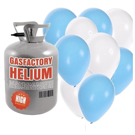 Jongen geboren helium tankje met blauw/witte ballonnen 50 stuks