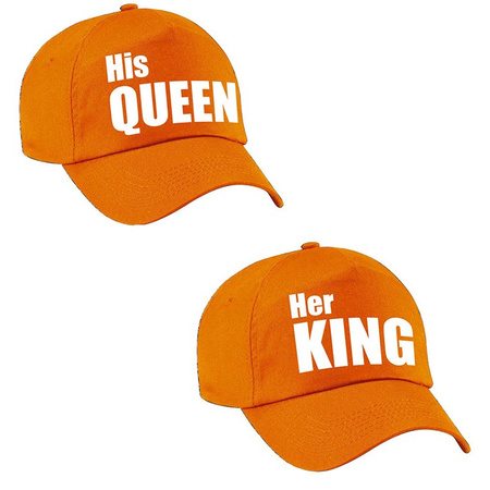 Her King / His Queen caps orange with white letters adults