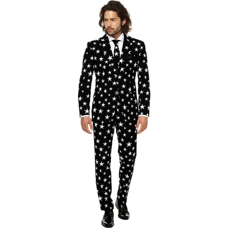Heren verkleedkostuum zwart met witte sterren print business suit