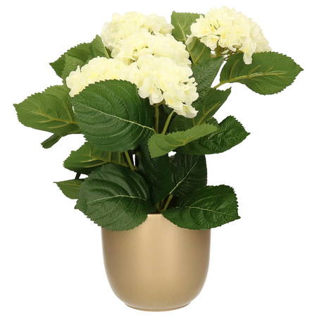 White Hydrangea artificial plant - 36 cm - in pot gold gloss