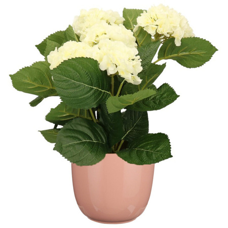 Hortensia kunstplant/kunstbloemen 36 cm - wit - in pot lichtroze glans