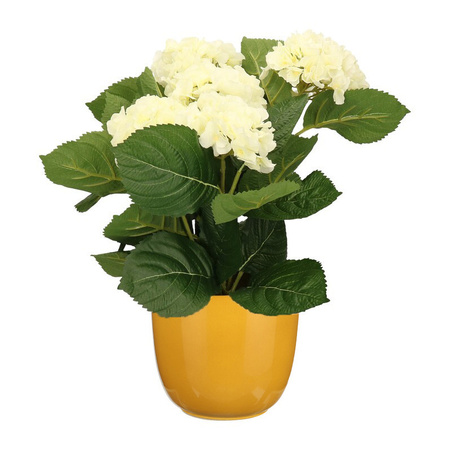 Hortensia kunstplant/kunstbloemen 36 cm - wit - in pot okergeel glans