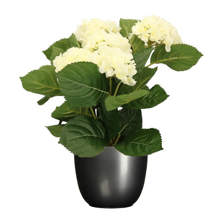 Hortensia kunstplant/kunstbloemen 36 cm - wit - in pot titanium grijs glans