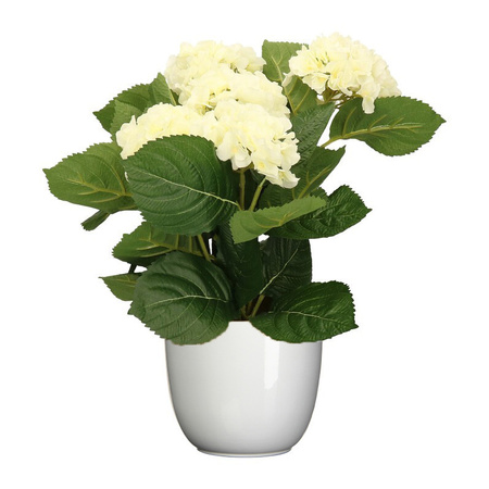 Hortensia kunstplant/kunstbloemen 36 cm - wit - in pot wit glans