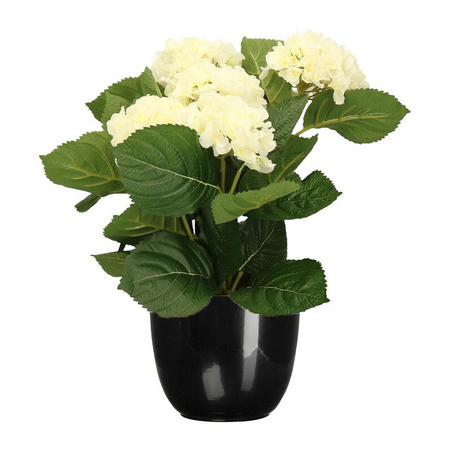 Hortensia kunstplant/kunstbloemen 36 cm - wit - in pot zwart glans