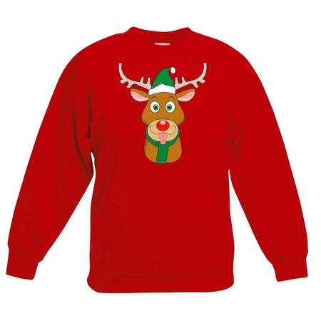 Christmas sweater red  Rudolph with green X-mas hat for kids