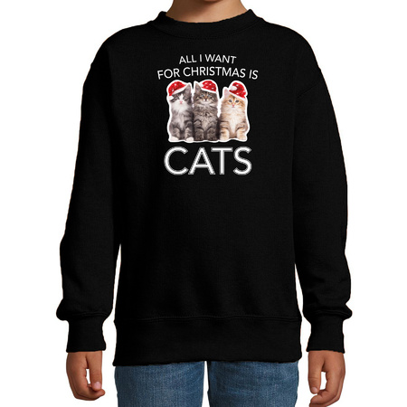 Zwarte Kersttrui / Kerstkleding All I want for christmas is cats voor kinderen