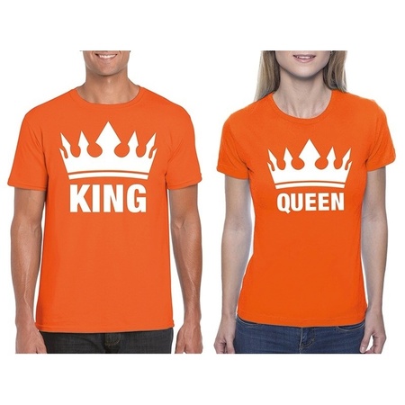 Koppel shirts Koningsdag King & Queen oranje dames en heren maat L