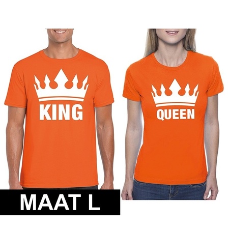Koppel shirts Koningsdag King & Queen oranje dames en heren maat L