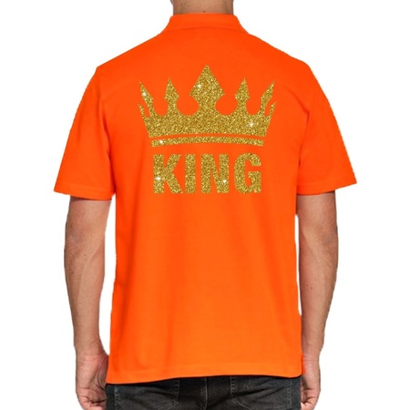 Koningsdag polo t-shirt oranje met gouden glitter King voor heren