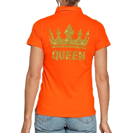 Koningsdag polo t-shirt oranje met gouden glitter Queen voor dames