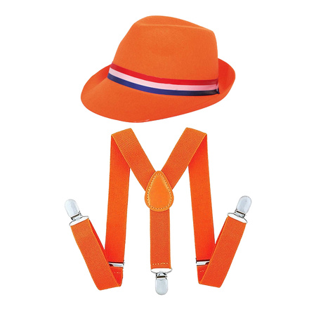 Koningsdag/Sport verkleed set compleet - hoedje en bretels - oranje - heren/dames