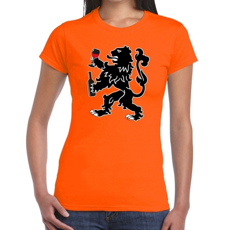 Kingsday t-shirt orange lion drinking wine for women