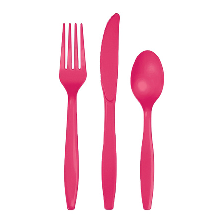 Plastic cutlery for party/bbq - 24x pieces - fuchsia pink - knifes/vorks/spoons - reusable