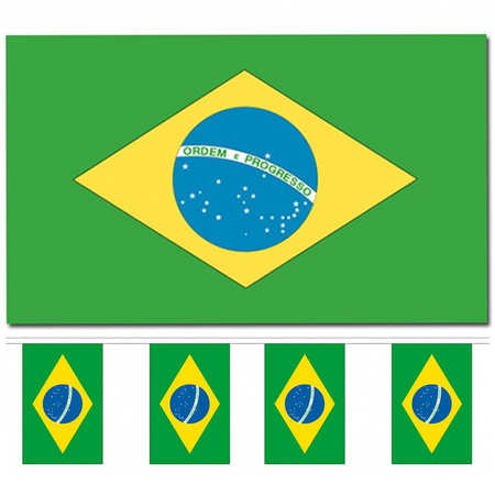 Landen vlaggen versiering set - Brazilie - Vlag 90 x 150 cm en vlaggenlijn 9 meter