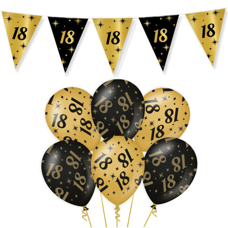 Leeftijd verjaardag feestartikelen pakket vlaggetjes/ballonnen 18 jaar zwart/goud
