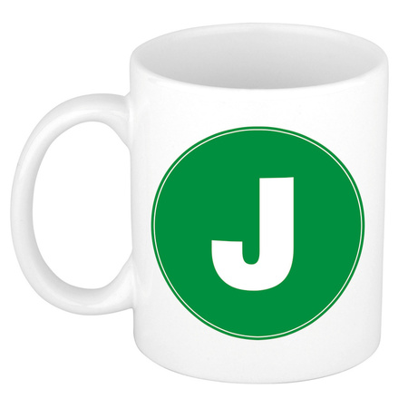 Letter J green print coffee mug / tea cup 300 ml