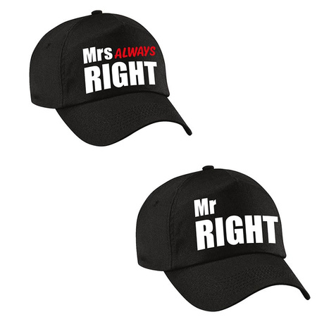 Zwarte kadopetten / caps Mr Right en Mrs Always right met witte / roze tekst voor koppels / bruidspaar / echtpaar volwassenen