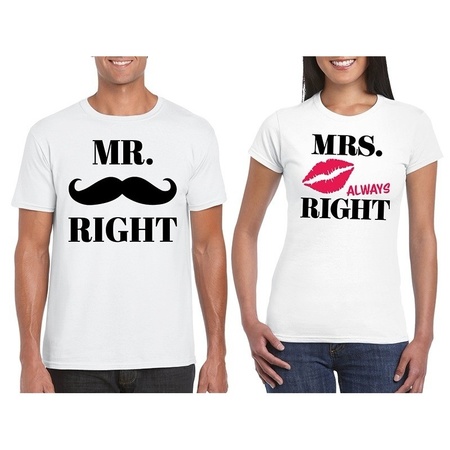 Bruiloft cadeau Mr. Right en Mr. Right Mrs. Always Right t-shirt wit dames en heren maat L