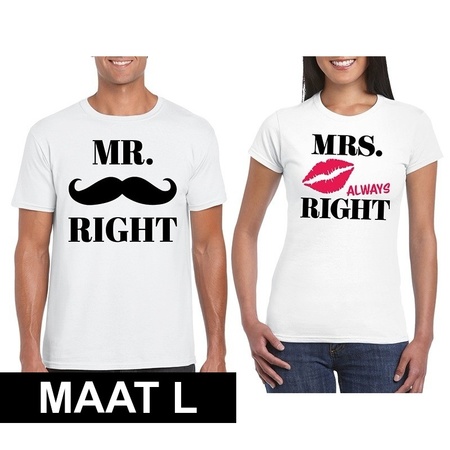 Bruiloft cadeau Mr. Right en Mr. Right Mrs. Always Right t-shirt wit dames en heren maat L