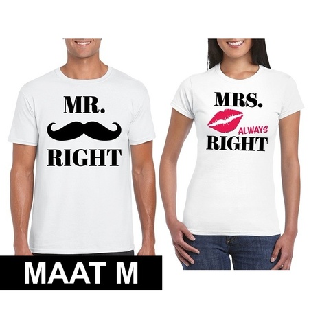 Bruiloft cadeau Mr. Right en Mr. Right Mrs. Always Right t-shirt wit dames en heren maat M