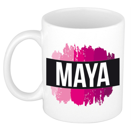 Maya  naam / voornaam kado beker / mok roze verfstrepen - Gepersonaliseerde mok met naam