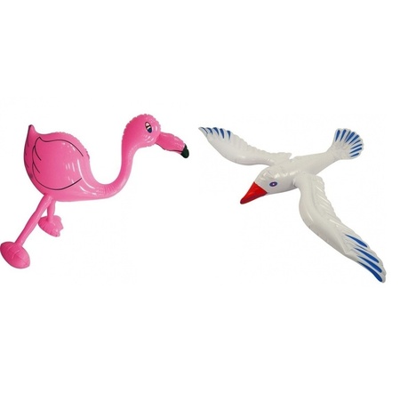 2x Opblaasbare decoratie flamingoje en meeuw