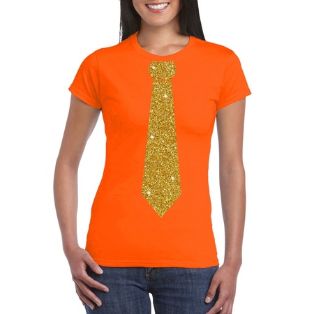 Stropdas t-shirt oranje met glitter das dames