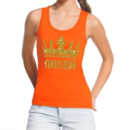 Koningsdag Queen topje/shirt oranje met gouden glitters dames